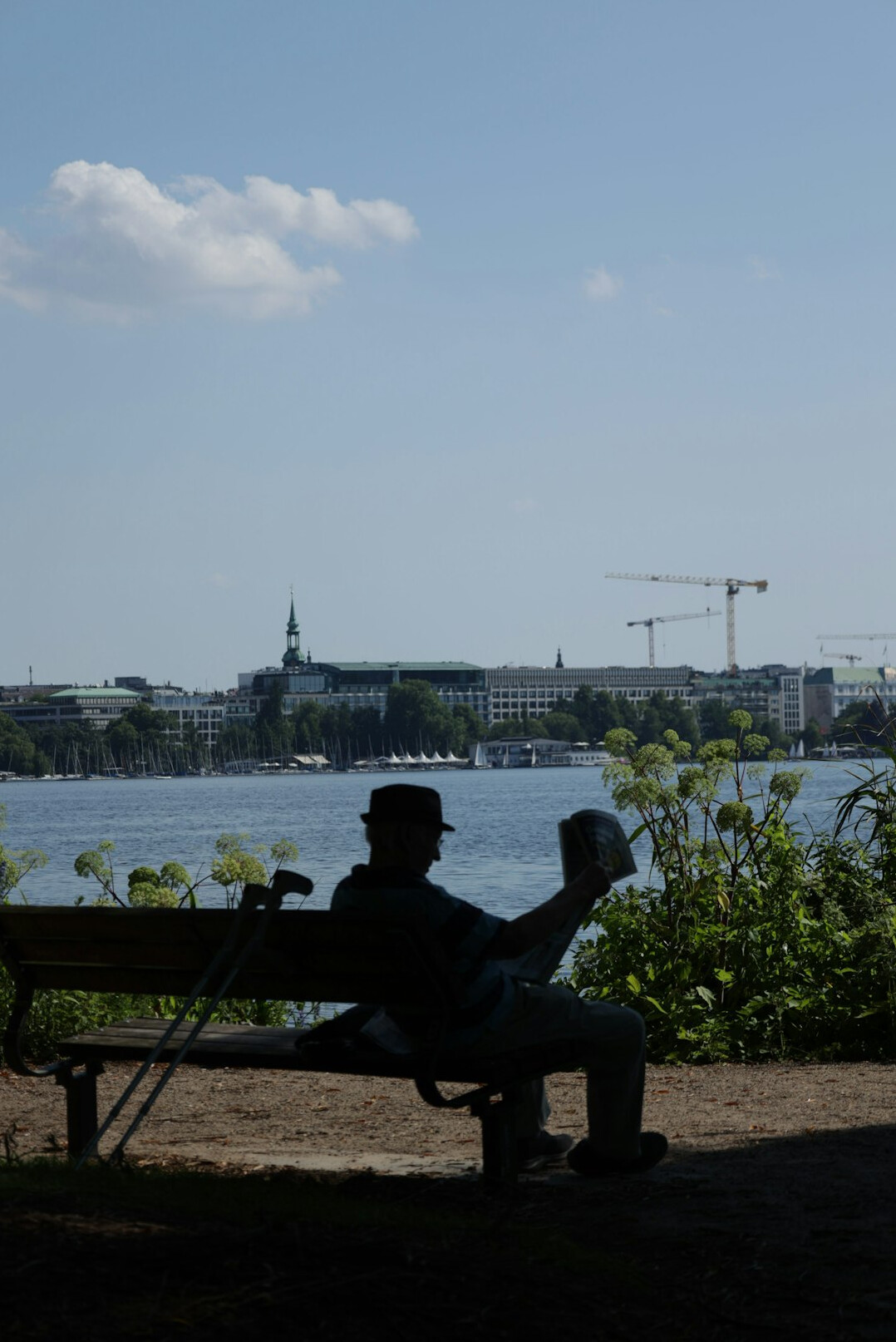 Elderly Chilean man reading a newspaper on a park bench